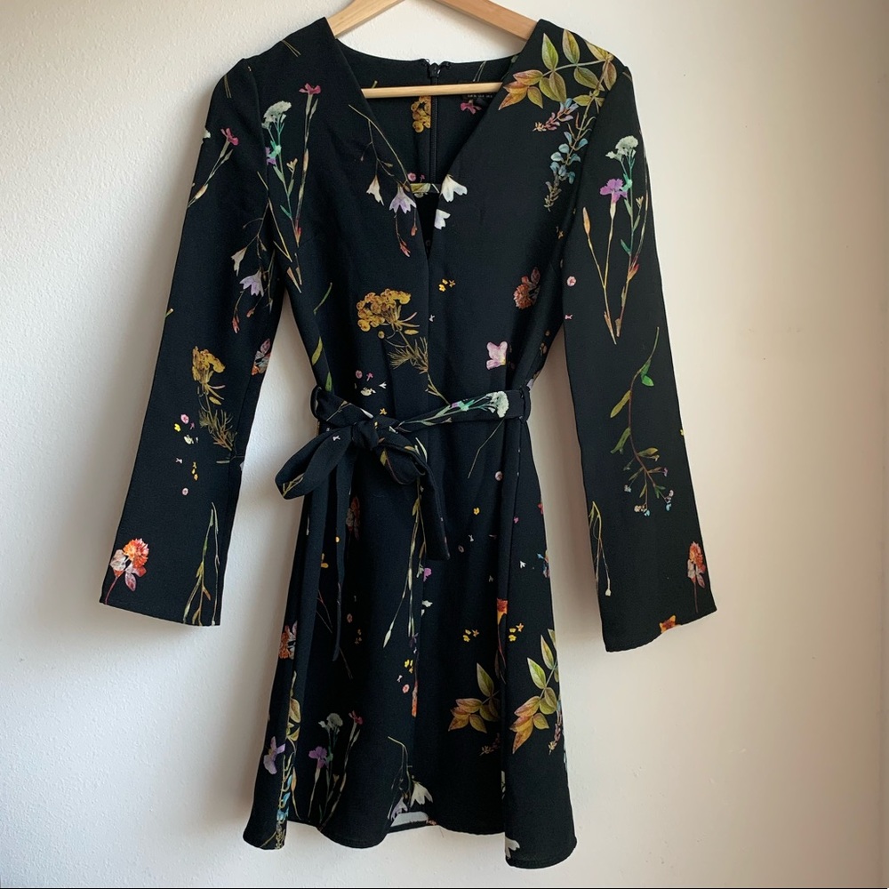 Topshop Belted Black Floral Bell Sleeve Dress